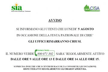 Avviso orari uffici ed ecocentri festa patronale Ciriè 2024